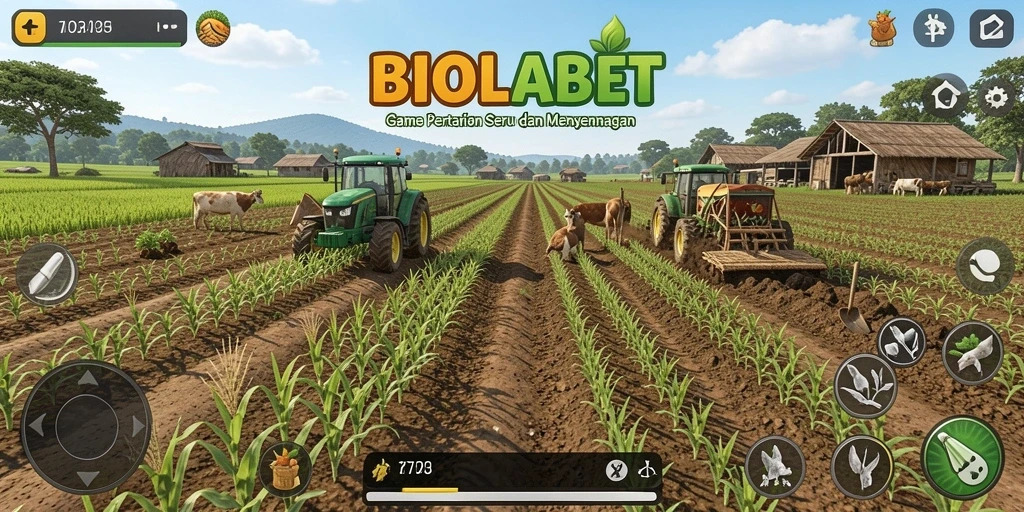 Screenshot gameplay BIOLABET menampilkan ladang hijau yang subur dan aktivitas pertanian.