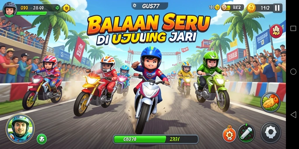 Screenshot GUS77 menunjukkan balapan intens dengan grafik menawan.