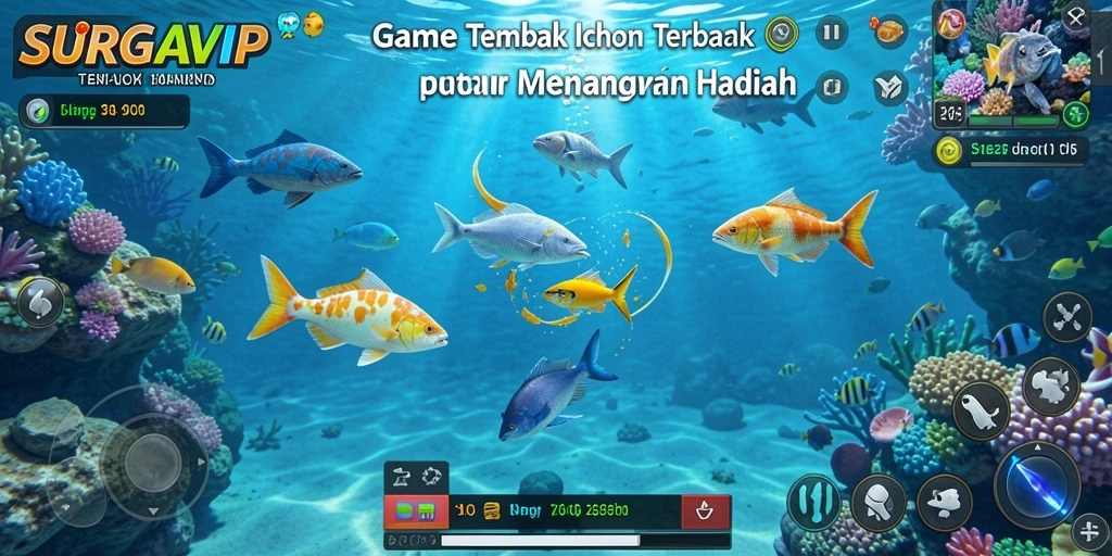 Tampilan gameplay <strong>SURGAVIP</strong> yang penuh aksi dan ikan berwarna-warni.